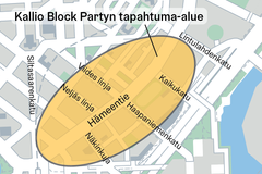 Suuntaa antava tapahtuma-alueen rajaus kartalla.