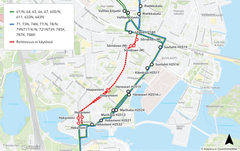 Bussien poikkeusreitit kartalla.