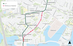 Raitiovaunujen poikkeusreitit kartalla.