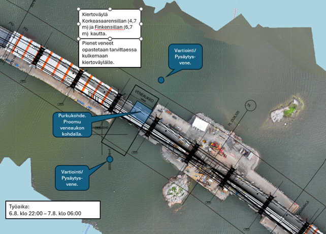 Kruunuvuorensillan veneaukko on suljettu liikenteeltä tiistain 6.8. ja keskiviikon 7.8. välisenä yönä klo 22-06.