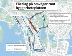 Förslag på omvägar runt  byggarbetsplatsen