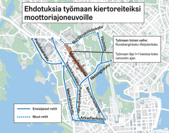 Ehdotettuja työmaan kiertoreittejä syyskuusta lähtien