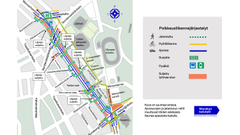 Kartta. Mannerheimintien liikennejärjestelyt syyskuun alussa 2024.