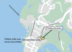 Urakka-alue kartalla, johon merkitty uusi katu ja uusi koulu.