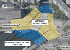 Bridge and construction site in oblique aerial photograph.