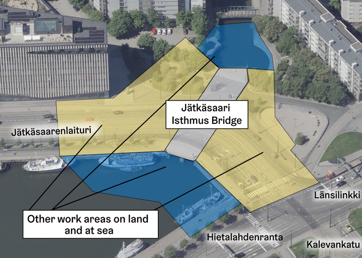 Bridge and construction site in oblique aerial photograph.