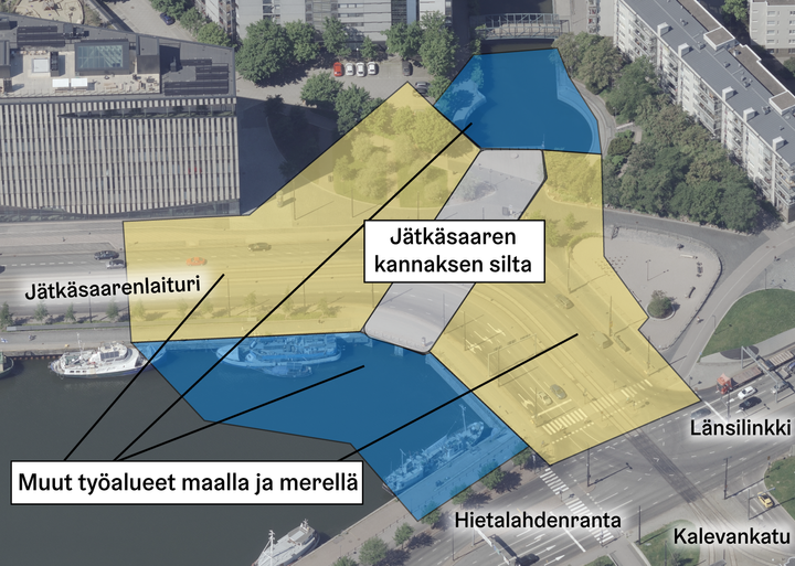 Silta ja urakka-alue viistoilmakuvassa.
