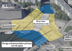Bron och entreprenadområdet på ett snedflygfoto.