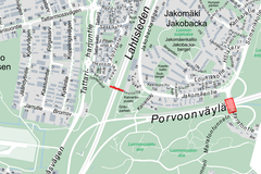 Kartta ylikulkusiltojen sijainneista. Toinen ylittää Lahdenväylän ja toinen Porvoonväylän.