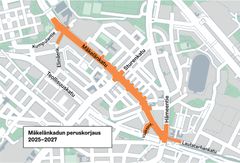 Kartta, johon on merkitty katutöiden alue Mäkelänkadulla ja risteävillä kaduilla.