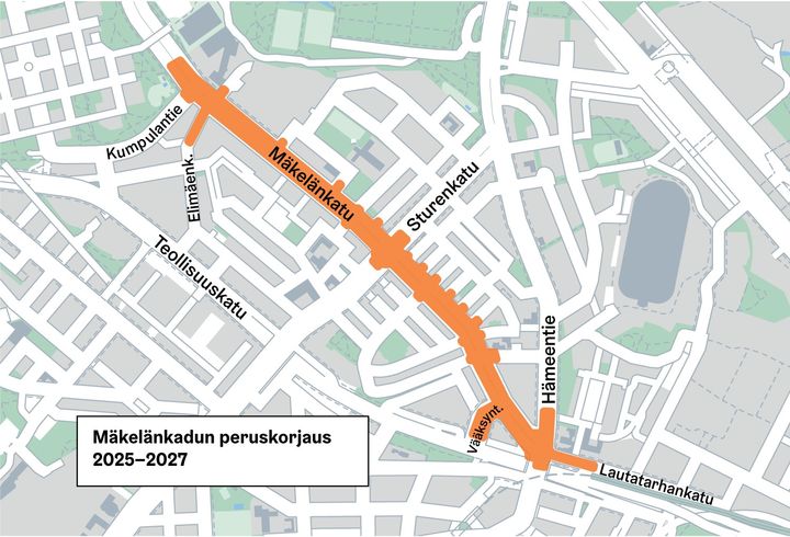 Kartta, johon on merkitty katutöiden alue Mäkelänkadulla ja risteävillä kaduilla.