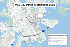 A map on the restrictions applied in the centre of Helsinki during May Day celebrations of 2025.