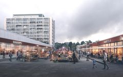 Havainnekuva Munkkivuoren ostoskeskuksesta torin suunnalta, uusi kerrostalo Huopalahdentien varressa.