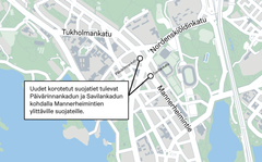 Kartta korotettujen suojateiden sijainneista.