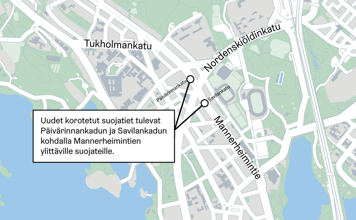 Kartta korotettujen suojateiden sijainneista.