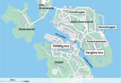 Karta över Vargön och Östersvartö med broar och viktiga platser markerade, inklusive Sveaborgsmuseet, Varvsviken och Servicebryggan.