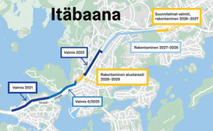 Itäbaanan osuudet kartalla ja tietoja suunnitelun ja rakentamisen aikatauluista.