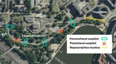Satelliittikuva kaupungin alueesta. Parannettavat suojatiet merkitty vihreillä ympyröillä, poistettavat suojatiet punaisilla rasteilla. Alue, jolla nopeusrajoitus muuttuu, on merkitty keltaisella viivalla.