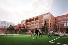 Pelikenttä sijoittuu pihan laidalle, taustalla vasemmalla nousu kattopihalle, oikealla päiväkodin pihaa. Alustavaan suunnitteluun perustuva kuva. Ratkaisu voi muuttua jatkosuunnittelussa.