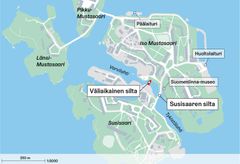 Karttakuva Suomenlinnasta, johon on merkitty sillat.