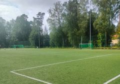Tekonurmikenttä puiden ympäröimänä kirkkaassa päivänvalossa.