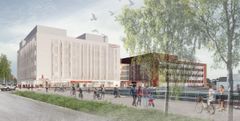 Vaaleja tumma rakennus, katualuetta ja puita, havainnekuva