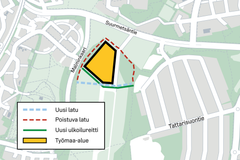 Kartta työalueesta ja ulkoilureiteistä.