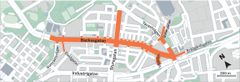 Karta över ett område med flera gator. Backasgatan är markerad i orange.