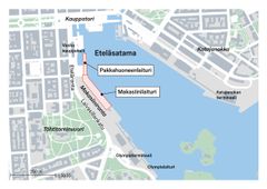 Kartta, jossa näkyy Helsingin Eteläsatama, Makasiiniranta, Pakkahuoneenlaituri ja Makasiinilaituri. Mukana ympäröiviä katuja kuten Eteläranta ja Laivasillankatu. Näkyy myös kauppatori ja Katajanokan terminaali.