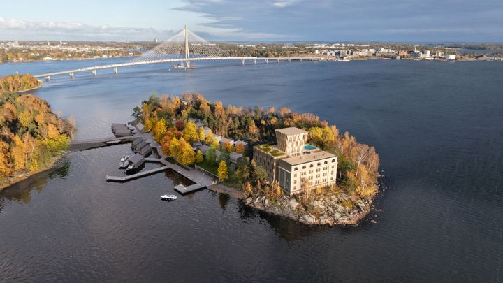 Ilmakuva Hylkysaaren alustavasta kehittämissuunnitelmasta. Kuvassa etualalla on vanha luotsiasema ja taustalla näkyy uusia rakennuksia.