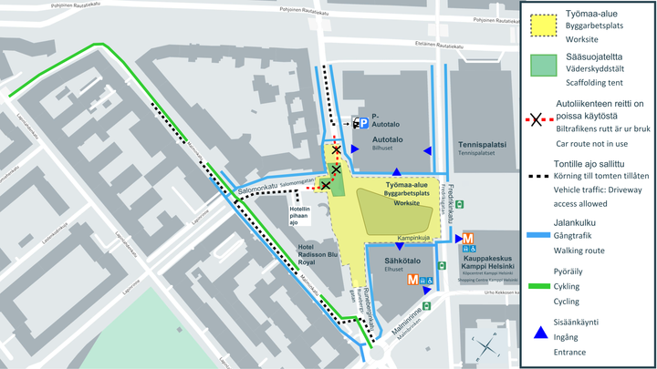 Kulkureittejä risteyksen sulkemisen jälkeen.