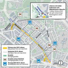 Karta över trafikförändringar vid byggarbetsområde på Backasgatan. Trafiken flyttas till gata på östra sidan från 16 december. Busshållplatser tas ur bruk.