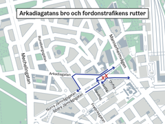 Arkadiagatans bro och rutter för motorfordon.