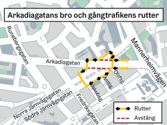Arkadiagatans bro och gångrutterna.