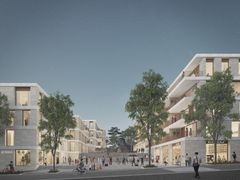 Ihmisiä oleskelee kahden asuinrakennuksen välissä olevalla sisäpihalla.