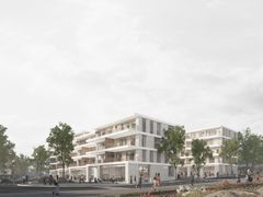 Kahden modernin asuinrakennuksen katutasossa on liiketilaa. Etualalla ihmisiä.