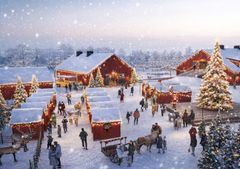 Haltialan joulutori verstaalta navetalle päin katsottuna. Vasemmalla uusi maatilaympäristöön sulautuva ravintolarakennus.