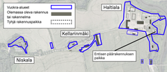 Haltialan, Kellarimäen ja Niskalan pihapiirit ja vuokra-alueet kartalla.