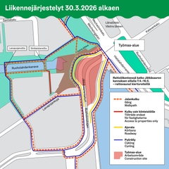 Kartta liikennejärjestelyistä sillalla 30.3.2026 alkaen.