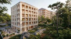 Havainnekuva kolmesta kaava-alueelle suunnitellusta talosta.