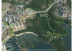 I den nya planen föreslås att sex "punkthus" byggs nära områdets tjänster. Bilden visualiserar också den övriga bebyggelsen i Kronbergsstranden.