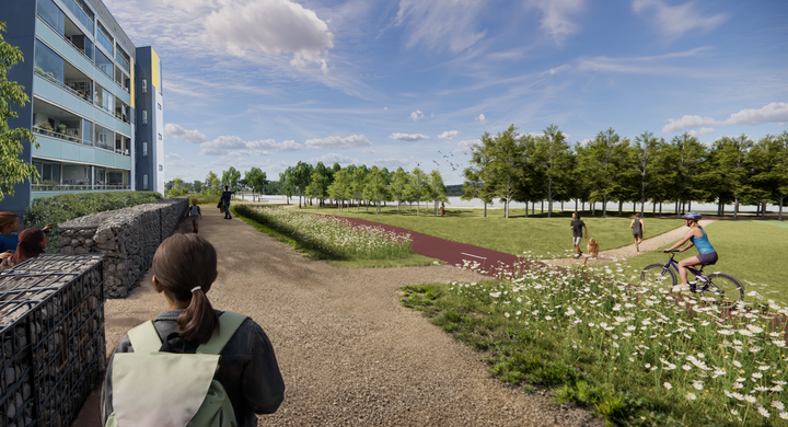 Havainnekuvassa lapis kävelee hiekkatietä. Pyöräilijä kulkee lähellä olevaa pyörätietä.