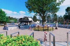 Havainnekuvassa avaruusaiheisia leikkivälineitä.