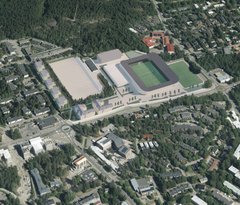 Havainnekuva liikuntapuiston alueesta, jossa on myös stadion ja uusia asuintaloja.