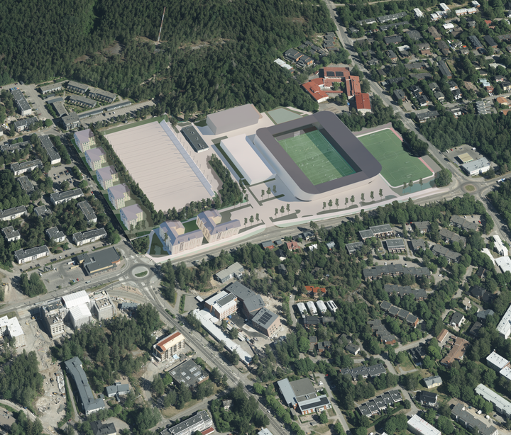 Havainnekuva liikuntapuiston alueesta, jossa on myös stadion ja uusia asuintaloja.