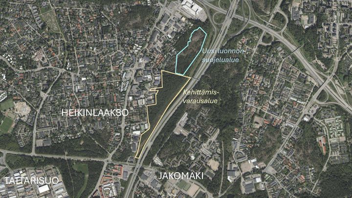 Kehittämisvarausalue ja tuleva luonnonsuojelualue esitettynä kartalla.