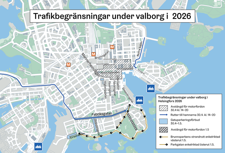 Karta över begränsningarna i Helsingfors stadskärna valborg 2026.