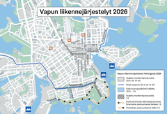Kartta rajoituksista Helsingin keskustassa vappuna 2026.