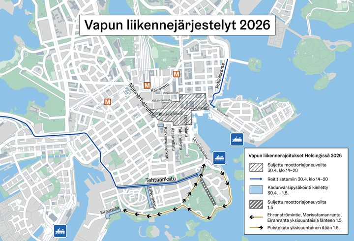 Kartta rajoituksista Helsingin keskustassa vappuna 2026.