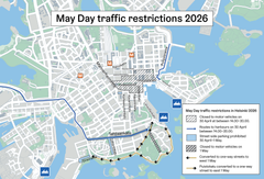 A map on the restrictions applied in the centre of Helsinki during May Day celebrations of 2026.